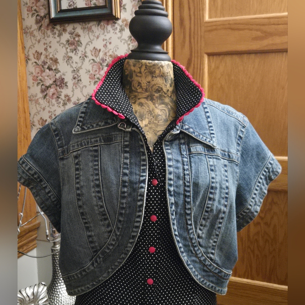 Vintage 90s Venezia Crop Shawl Denim Short Sleeve Jacket Sz 18/20 Retro